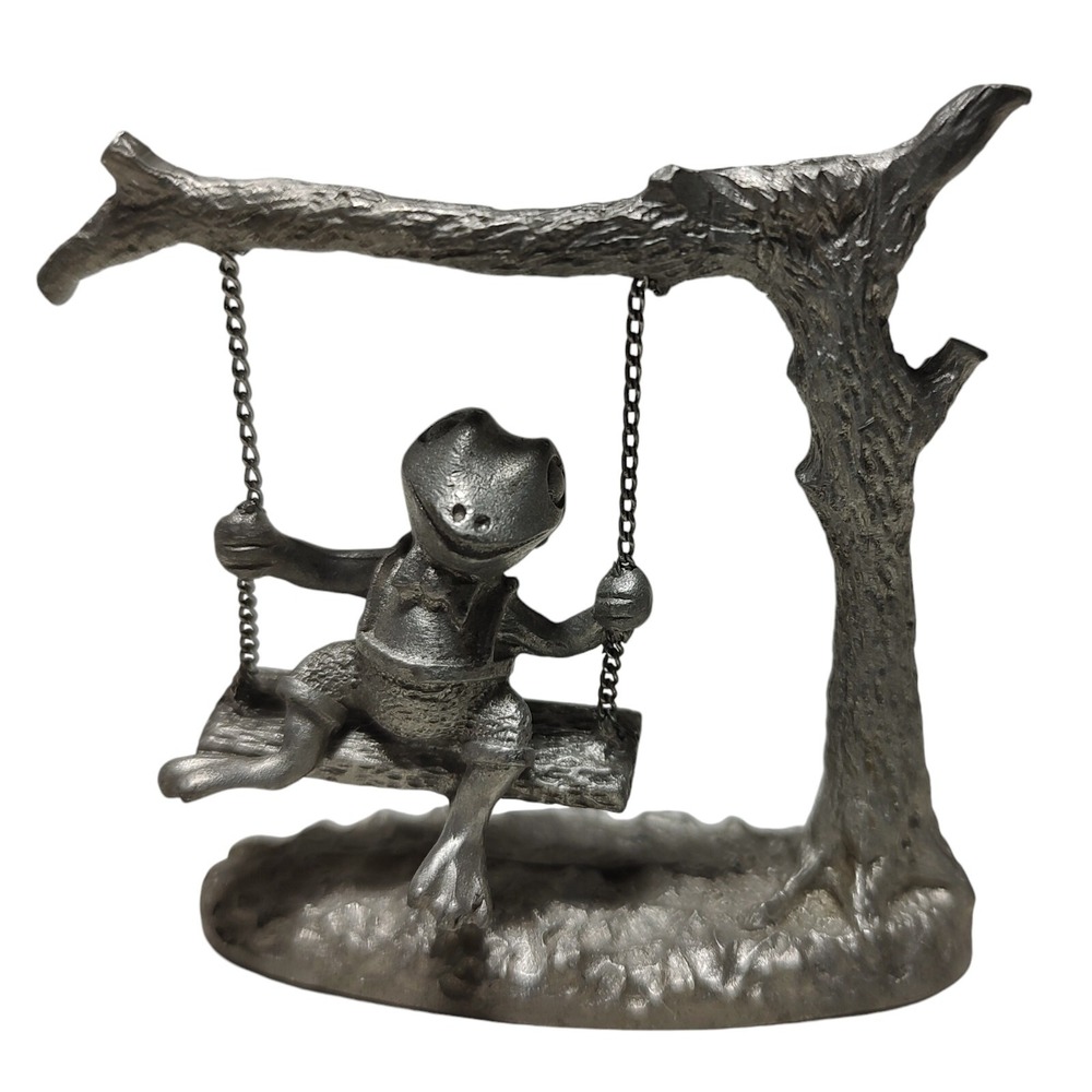 Vintage Spoontiques Pewter Figurine Frog On A Swing Whimsical 2.25‎ in Tall 1985